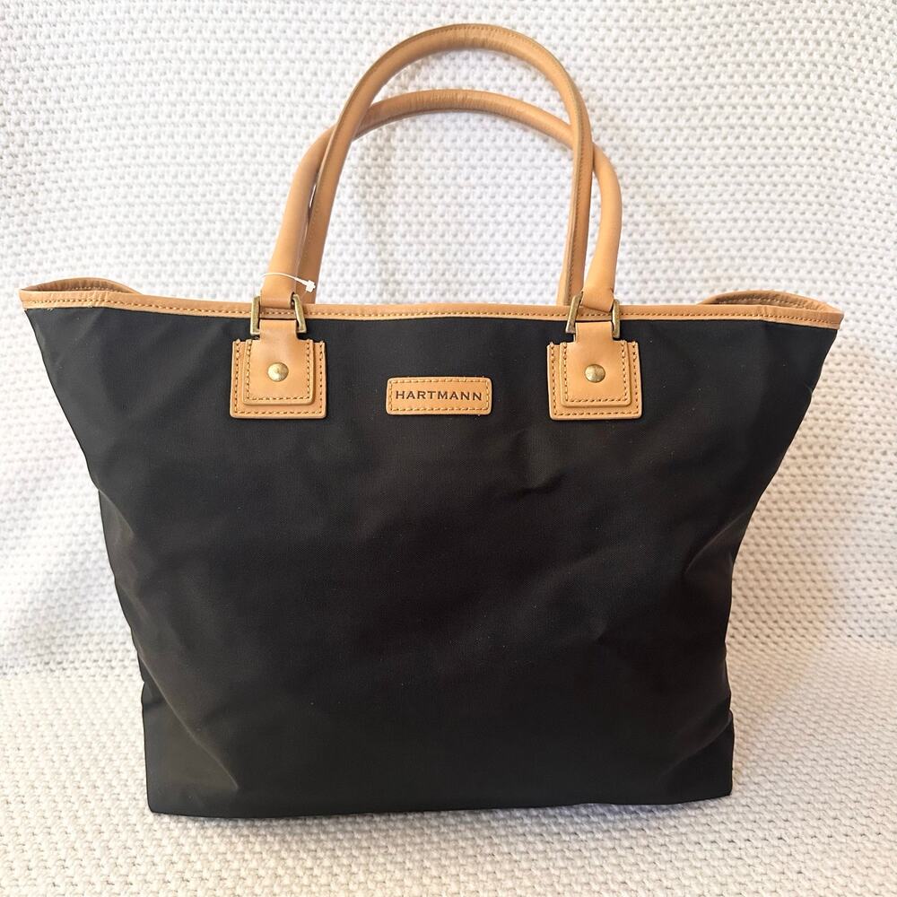 Hartmann Black Nylon Tan Leather Trim Top Zip Shoulder Day Tote Bag Casual
